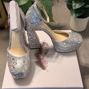 Jessica Simpson Glittering Silver Platform Heels